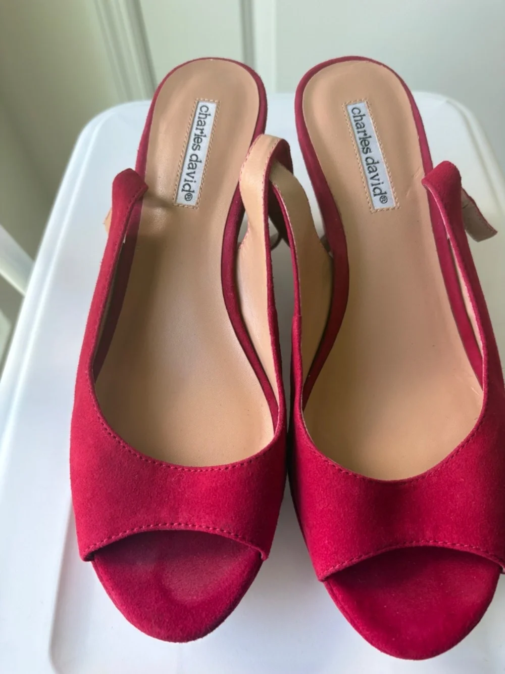 Red Suede Charles David Sling Back Wedge Sandals